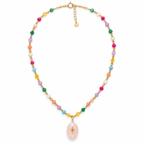 Ροζάριο κολιέ brass επιχρυσωμνένο Rainbow pink με πολύχρωμο νεφρίτη