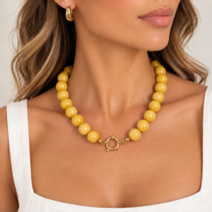 Statement beaded necklace με μεγάλες κίτρινες χάντρες Yellow Jade και επιχρυσωμένο κούμπωμα
