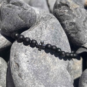 Ανδρικό Ελαστικό Βραχιόλι με Black Onyx και Σταυρό από Αιματίτη