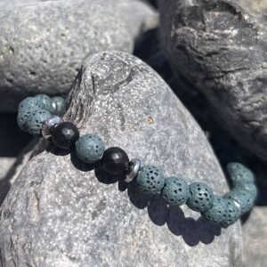 Ανδρικό Ελαστικό Βραχιόλι με gemstones ημιπολύτιμους λίθους λάβα πετρόλ και μαύρο όνυχα