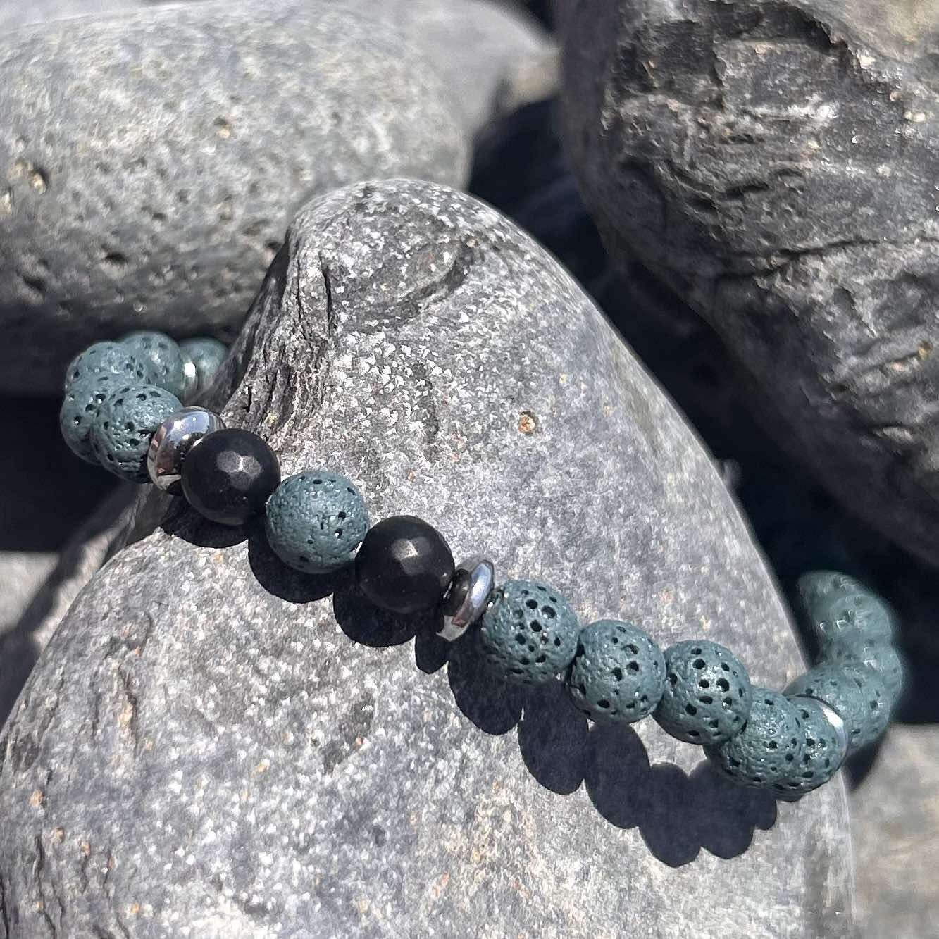 Ανδρικό Ελαστικό Βραχιόλι με gemstones ημιπολύτιμους λίθους λάβα πετρόλ και μαύρο όνυχα