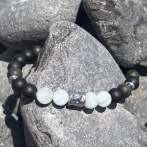 Ανδρικό Χειροποίητο Ελαστικό Βραχιόλι με gemstones ημιπολύτιμους λίθους Obsidian Aquamarine