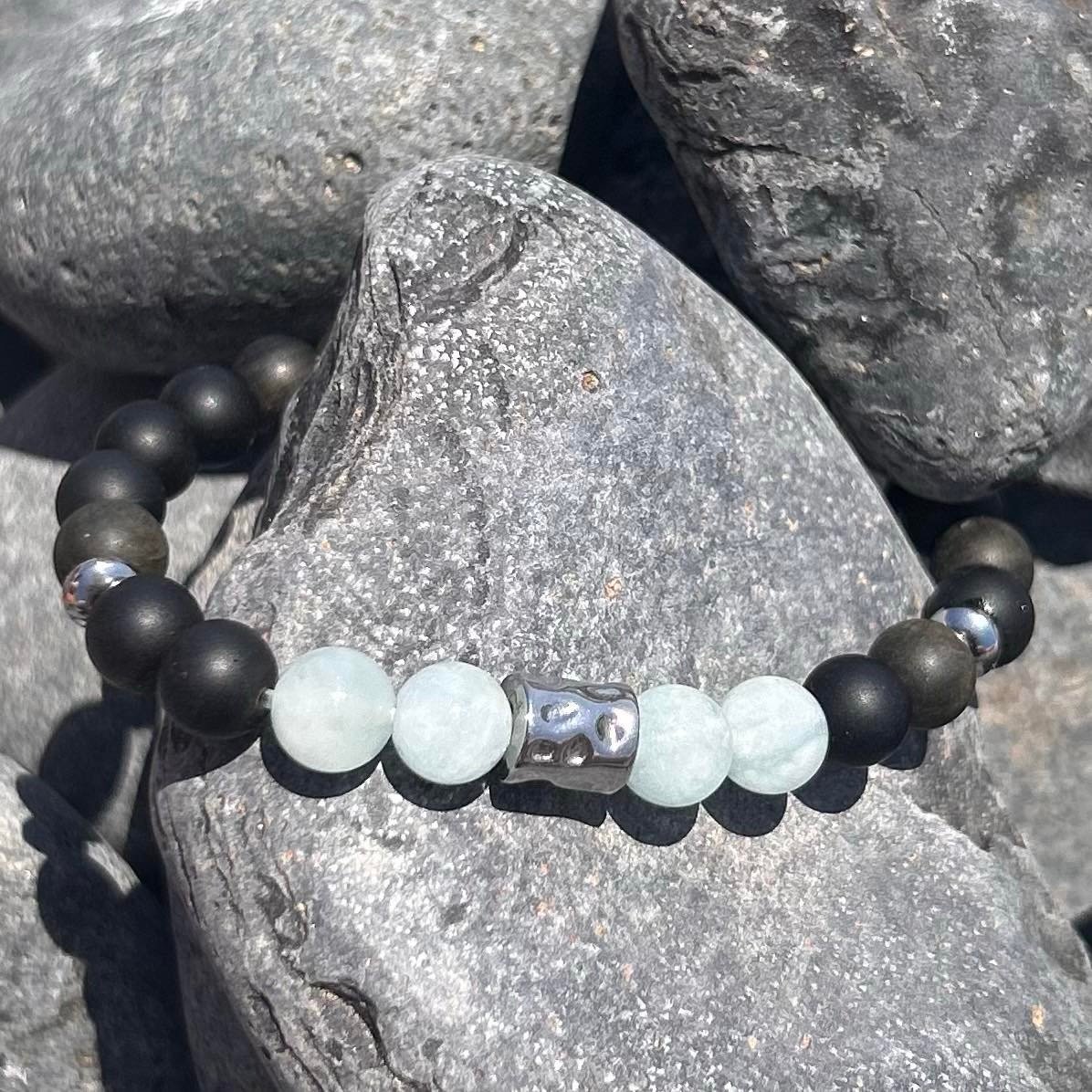 Ανδρικό Χειροποίητο Ελαστικό Βραχιόλι με gemstones ημιπολύτιμους λίθους Obsidian Aquamarine