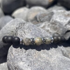 Ανδρικό Χειροποίητο Βραχιόλι με gemstones ημιπολύτμοςυ λίθους obsidian λαμπραδορίτη