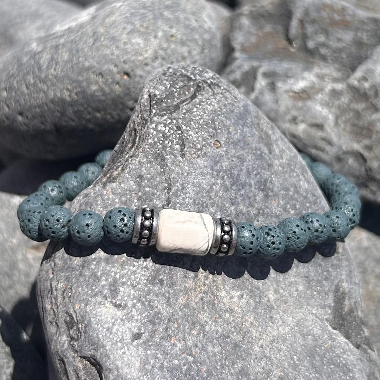 Ανδρικό Ελαστικό Βραχιόλι με gemstones ημιπολύτιμους λίθος λάβα και χαολίτη