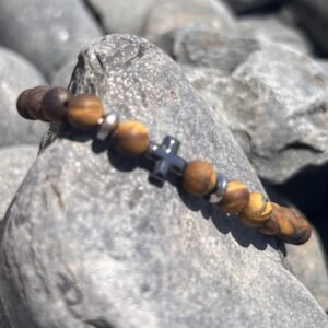 Ελαστικό Χειροποίητο Βραχιόλι με gemstones ημιπολύτιμους λίθους μάτι τίγρη και αιματίτη